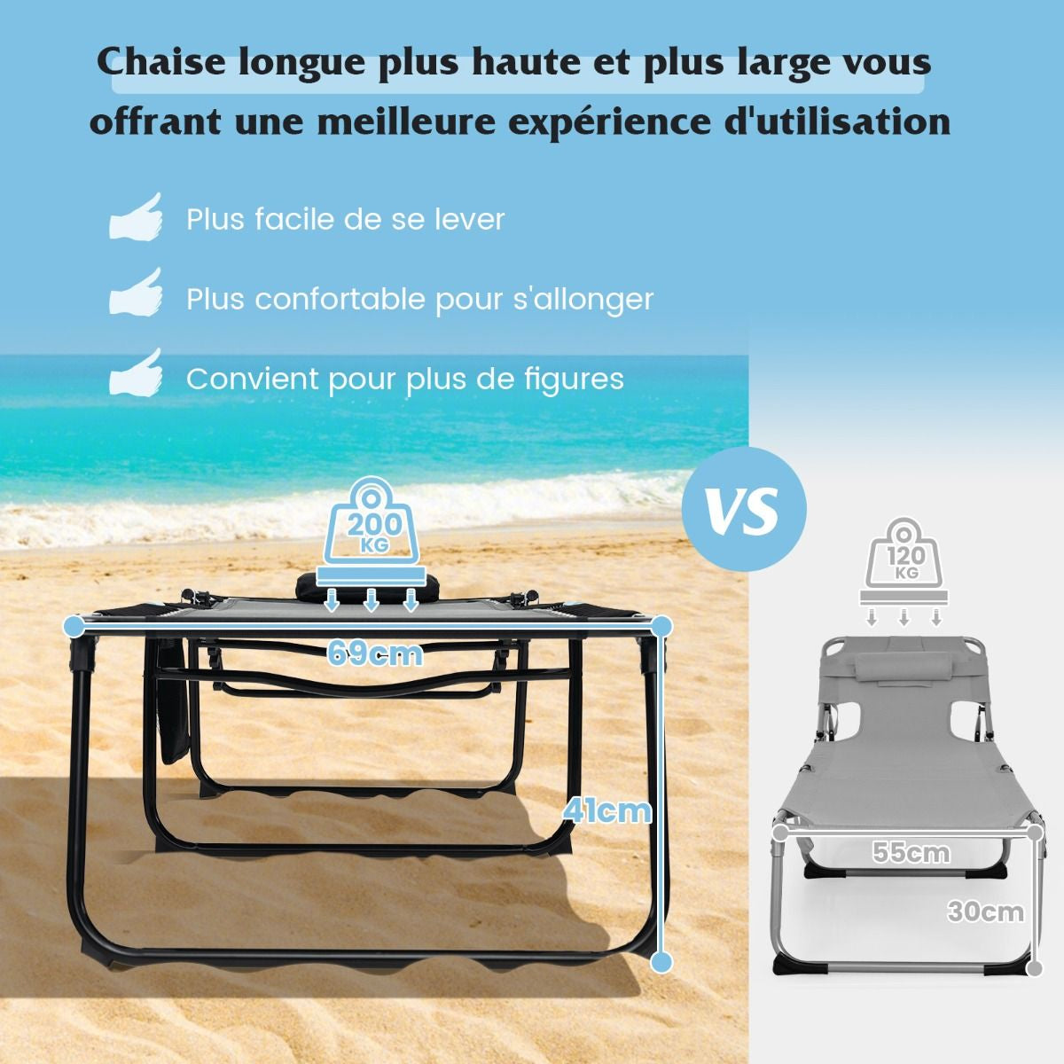 Chaise Longue Pliante Surdimensionnée Chaise Longue Portable Et Inclinable Avec Dossier Réglable Oreiller Amovible Poche Gris/Noir
