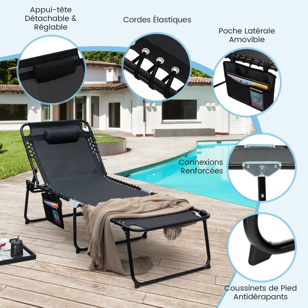 Chaise Longue Pliante Surdimensionnée Chaise Longue Portable Et Inclinable Avec Dossier Réglable Oreiller Amovible Poche Gris/Noir
