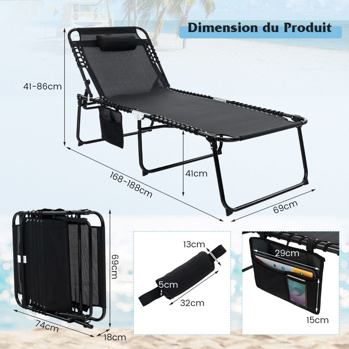 Chaise Longue Pliante Surdimensionnée Chaise Longue Portable Et Inclinable Avec Dossier Réglable Oreiller Amovible Poche Gris/Noir