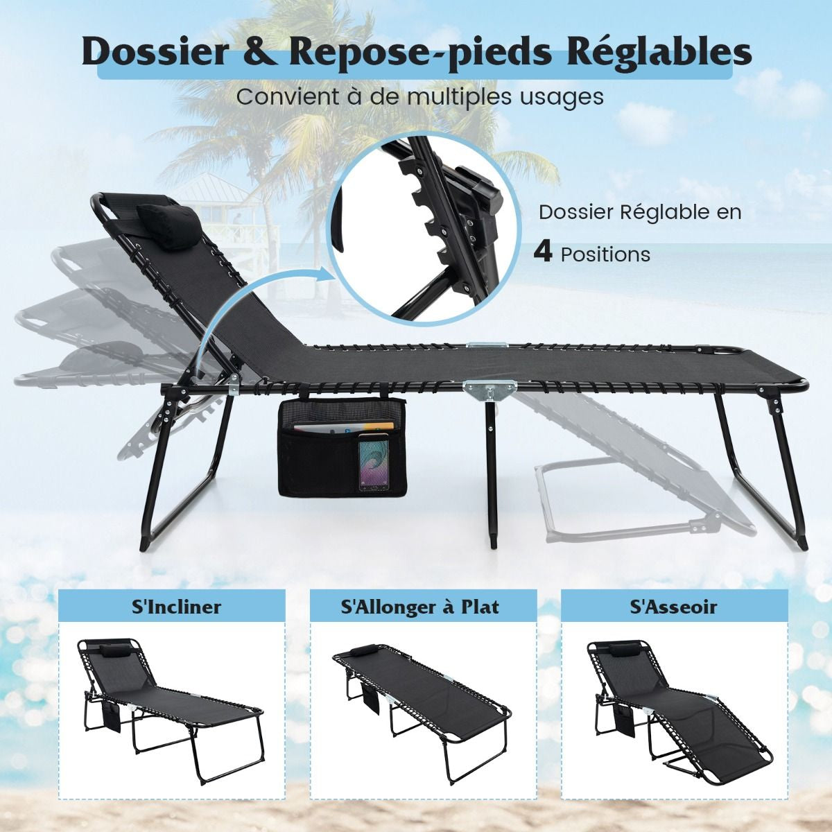 Chaise Longue Pliante Surdimensionnée Chaise Longue Portable Et Inclinable Avec Dossier Réglable Oreiller Amovible Poche Gris/Noir
