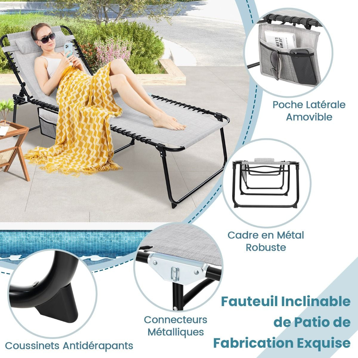 Chaise Longue Pliante Surdimensionnée Chaise Longue Portable Et Inclinable Avec Dossier Réglable Oreiller Amovible Poche Gris/Noir