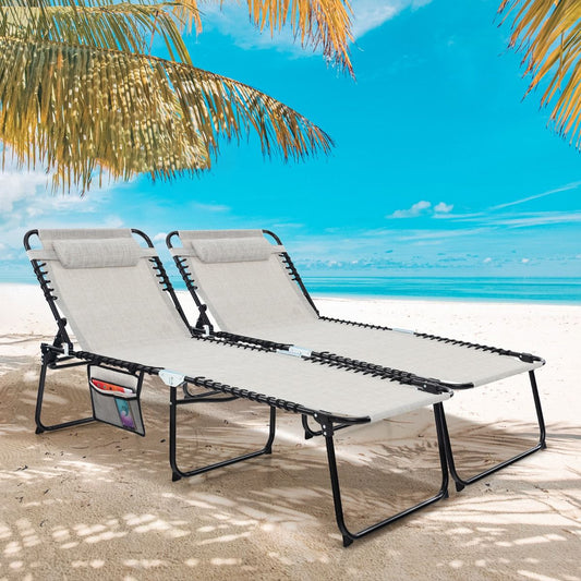 Chaise Longue Pliante Surdimensionnée Chaise Longue Portable Et Inclinable Avec Dossier Réglable Oreiller Amovible Poche Gris/Noir