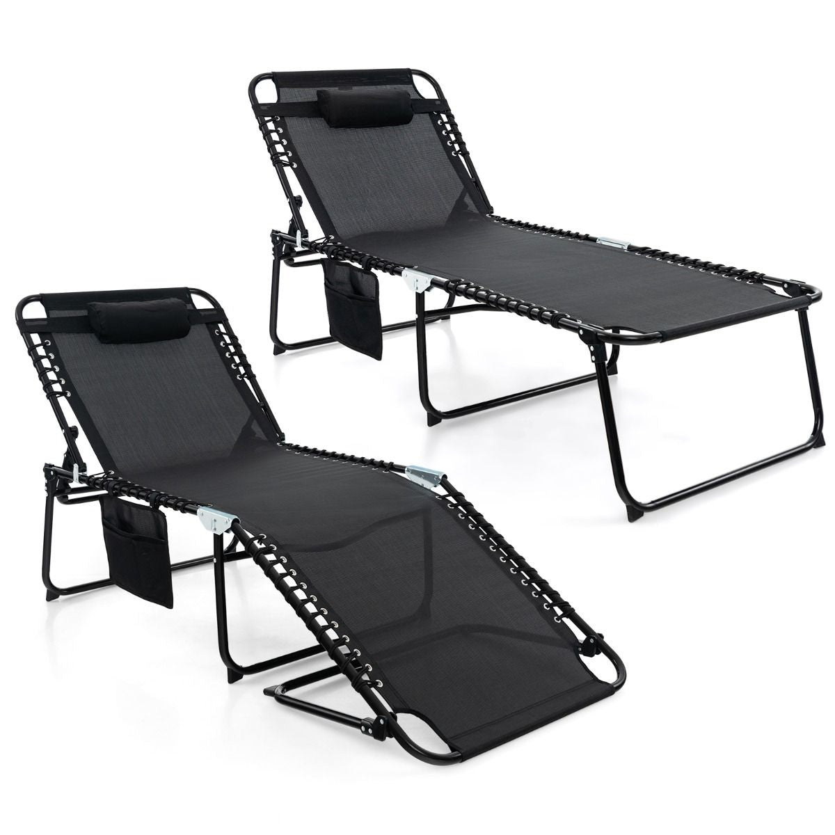 Chaise Longue Pliante Surdimensionnée Chaise Longue Portable Et Inclinable Avec Dossier Réglable Oreiller Amovible Poche Gris/Noir