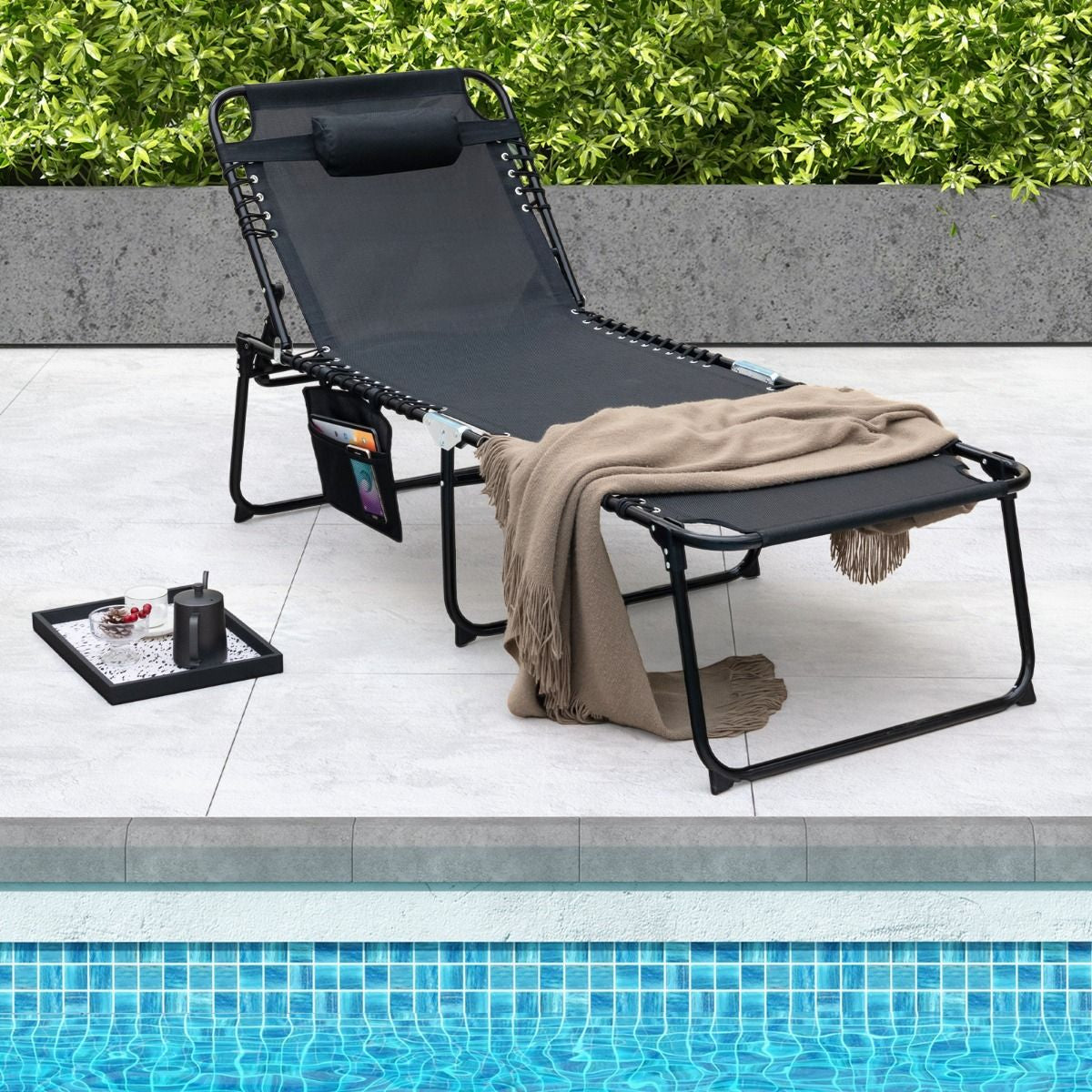 Chaise Longue Pliante Surdimensionnée Chaise Longue Portable Et Inclinable Avec Dossier Réglable Oreiller Amovible Poche Gris/Noir