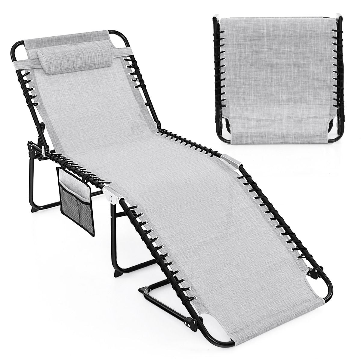 Chaise Longue Pliante Surdimensionnée Chaise Longue Portable Et Inclinable Avec Dossier Réglable Oreiller Amovible Poche Gris/Noir