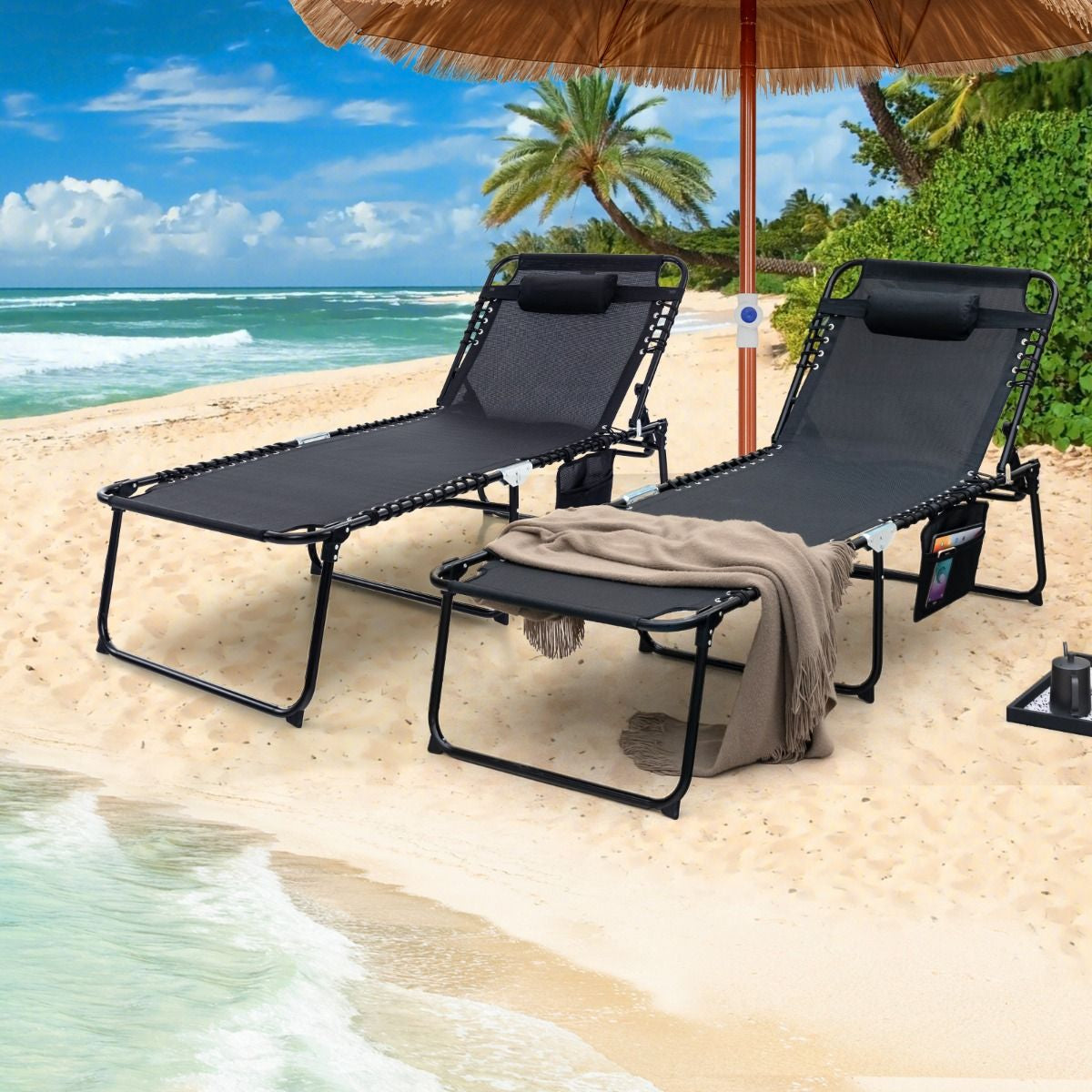 Chaise Longue Pliante Surdimensionnée Chaise Longue Portable Et Inclinable Avec Dossier Réglable Oreiller Amovible Poche Gris/Noir