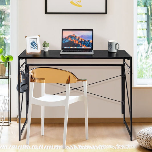 Bureau D'Ordinateur Pliant 100X50X75 Cm Table De Bureau Cadre En Métal 6 Crochets En Forme De S Style Industriel Capacité 115Kg Noir/Café/Marron