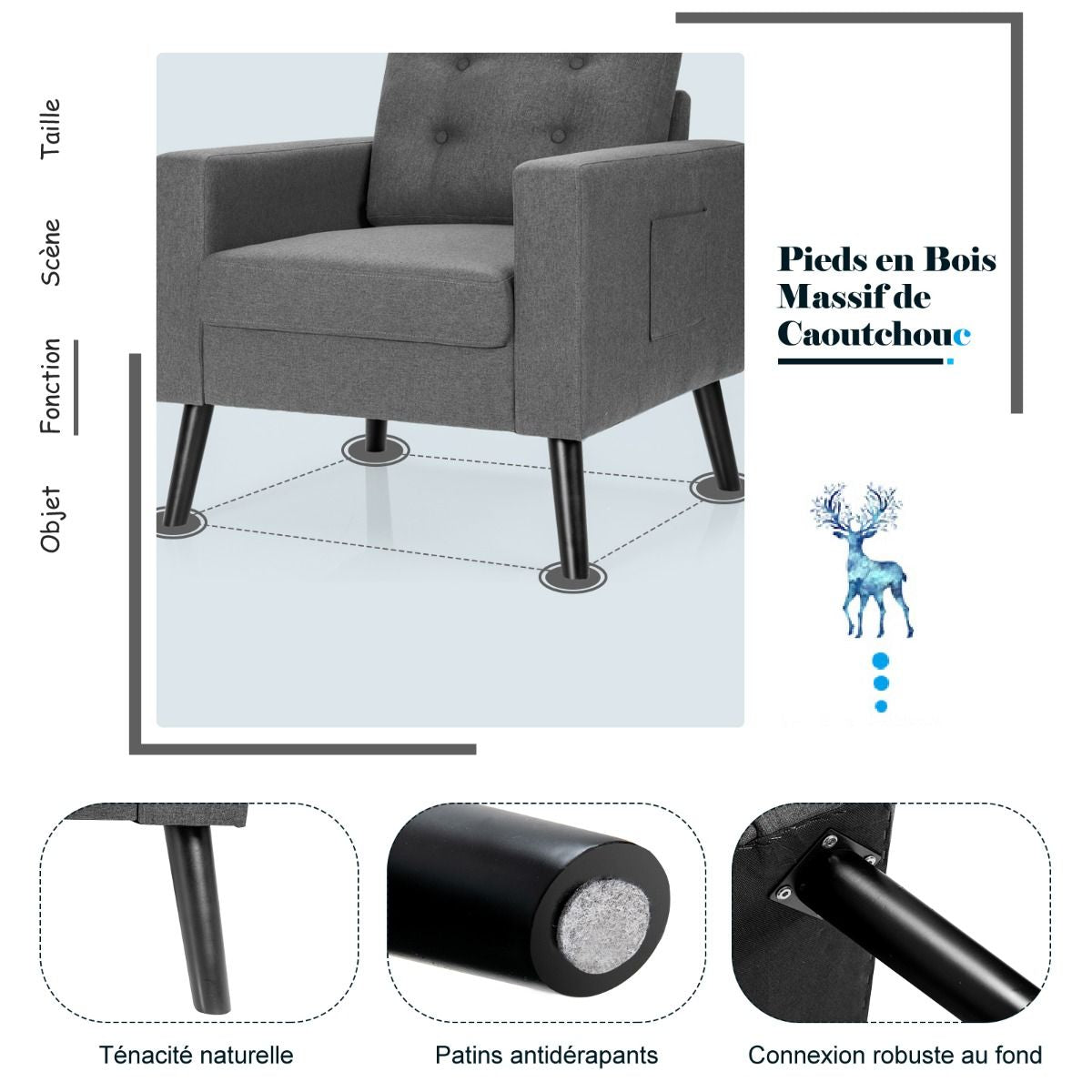 Fauteuil De Salon 1 Personne Avec Profondeur D'Assise 53Cm Canapé 1 Place Avec Pieds Bois D’Hévéa Pour Chambre Salon Bureau 81*67*86Cm Bleu/Beige/Gris