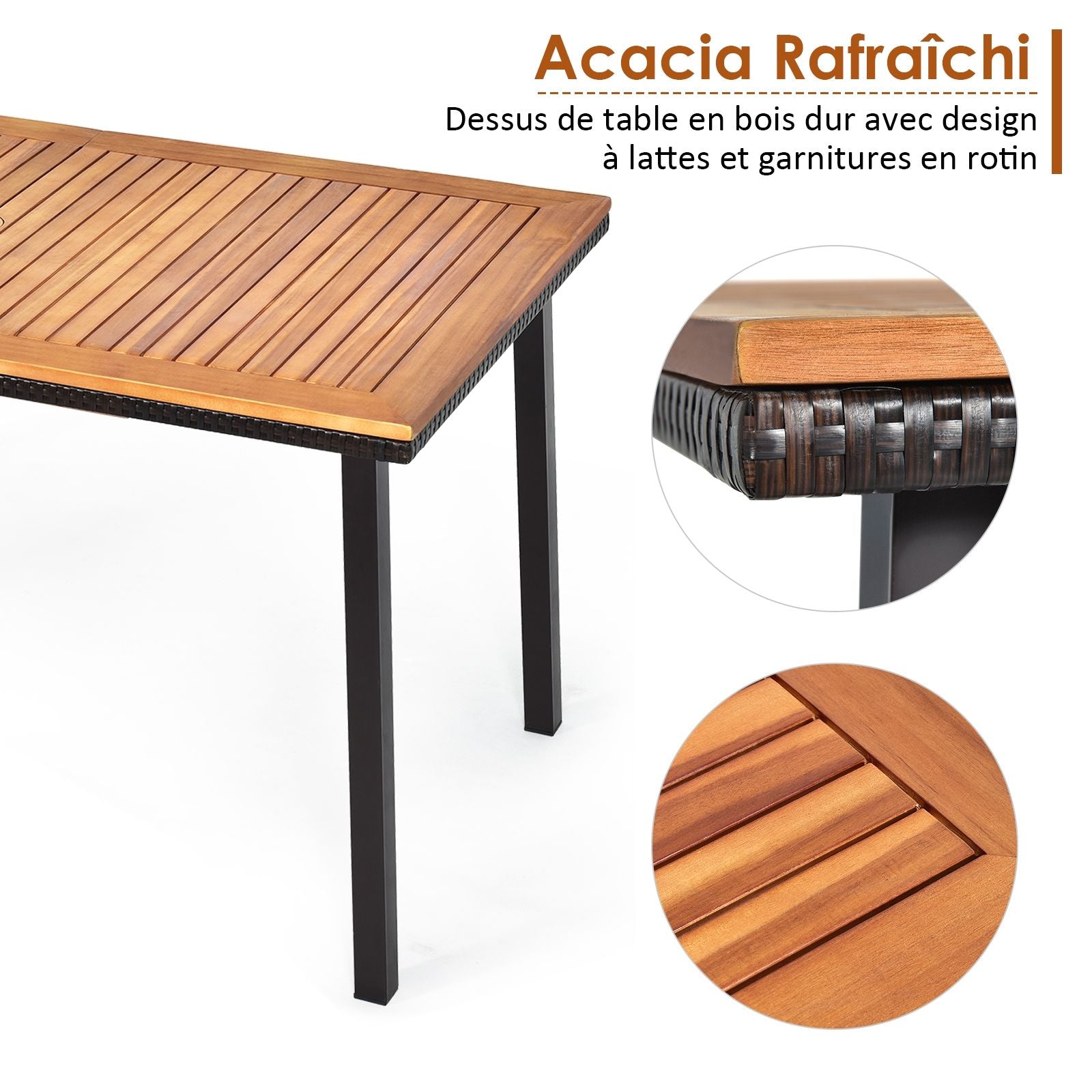Table De Jardin Extérieur En Bois D'Acacia Avec Trou De Parasol Rectangulaire Cadre En Acier Pour 6-8 Personnes 140X75X76Cm