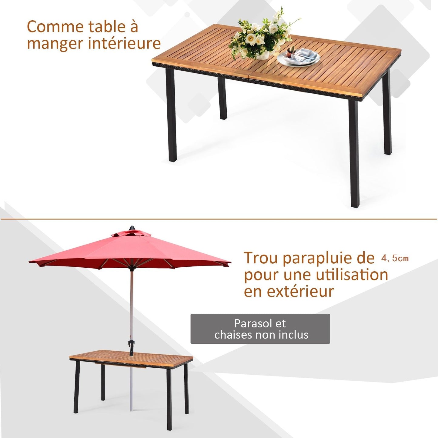 Table De Jardin Extérieur En Bois D'Acacia Avec Trou De Parasol Rectangulaire Cadre En Acier Pour 6-8 Personnes 140X75X76Cm
