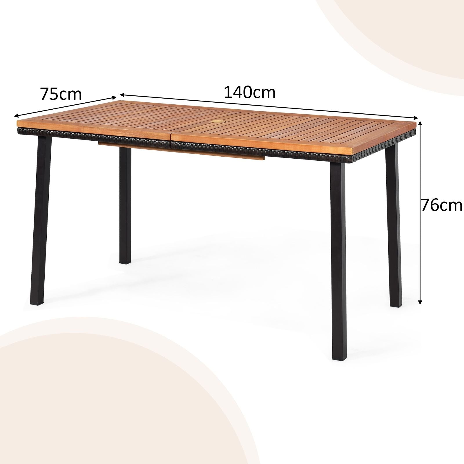 Table De Jardin Extérieur En Bois D'Acacia Avec Trou De Parasol Rectangulaire Cadre En Acier Pour 6-8 Personnes 140X75X76Cm