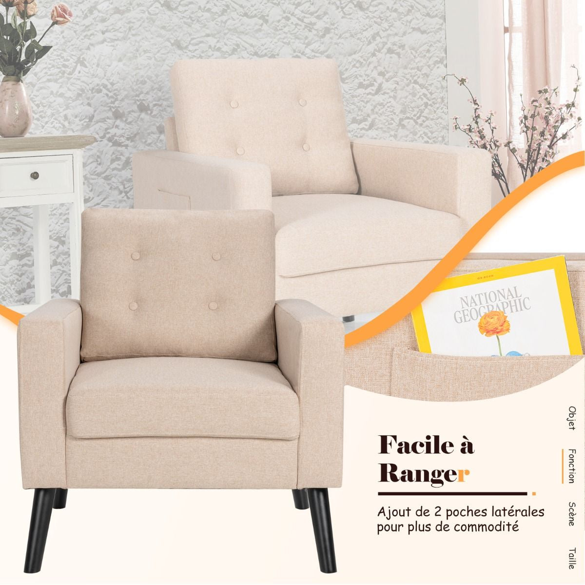 Fauteuil De Salon 1 Personne Avec Profondeur D'Assise 53Cm Canapé 1 Place Avec Pieds Bois D’Hévéa Pour Chambre Salon Bureau 81*67*86Cm Bleu/Beige/Gris