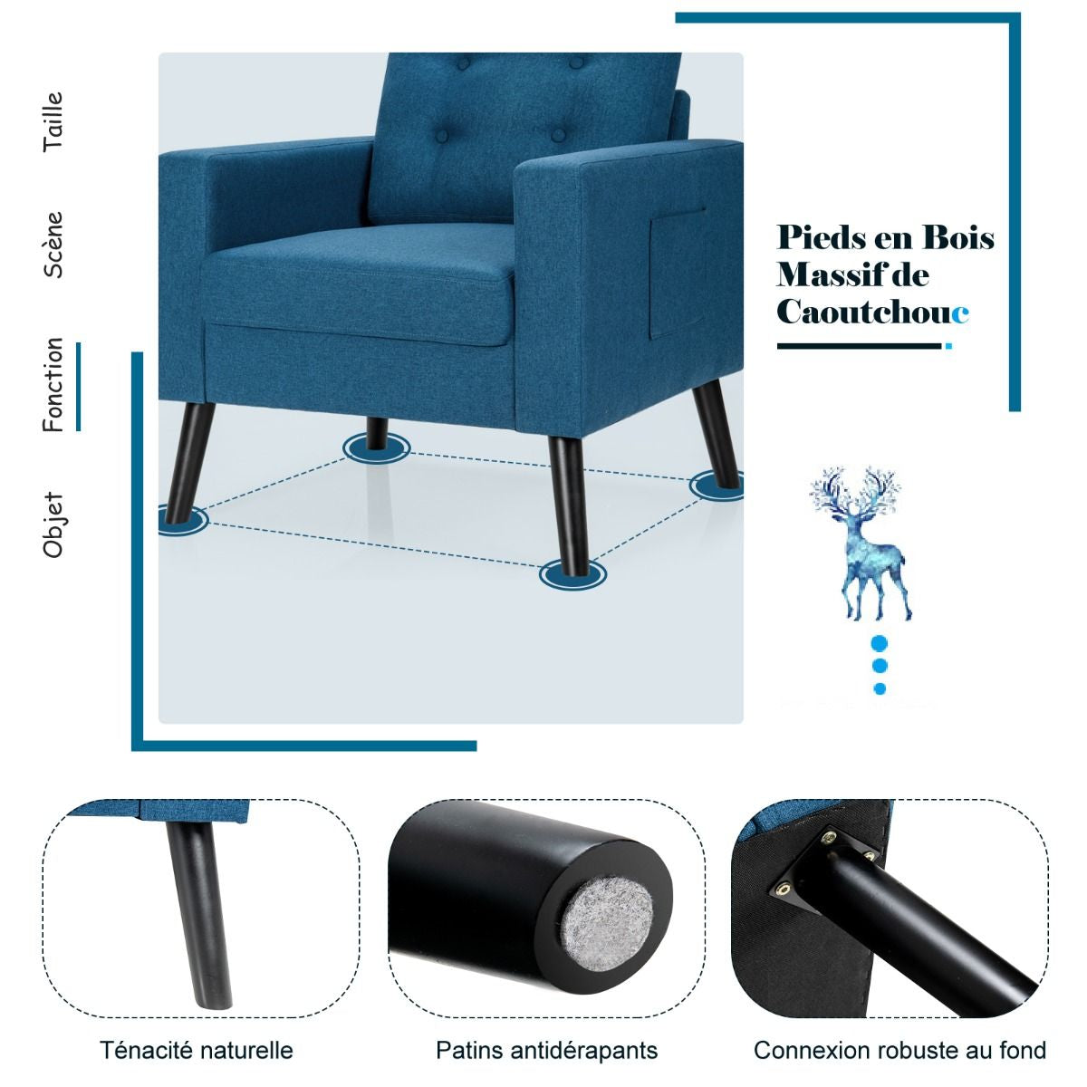 Fauteuil De Salon 1 Personne Avec Profondeur D'Assise 53Cm Canapé 1 Place Avec Pieds Bois D’Hévéa Pour Chambre Salon Bureau 81*67*86Cm Bleu/Beige/Gris