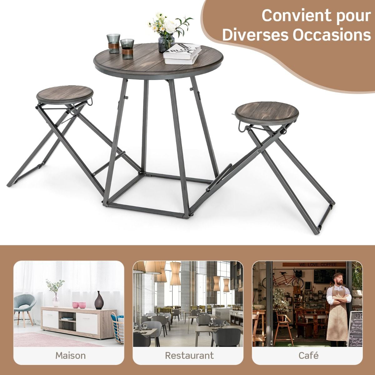 Table Haute Cuisine Avec Tabouret Table Bar Industrielle Pliable Mange Debout 2 Personnes Compact Pour Cuisine Salle À Manger Salon Bistro Gris
