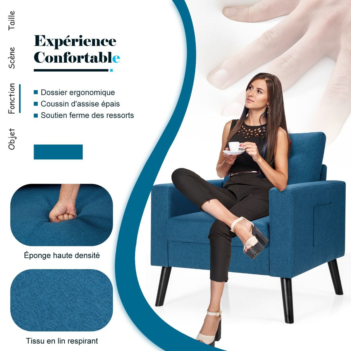 Fauteuil De Salon 1 Personne Avec Profondeur D'Assise 53Cm Canapé 1 Place Avec Pieds Bois D’Hévéa Pour Chambre Salon Bureau 81*67*86Cm Bleu/Beige/Gris