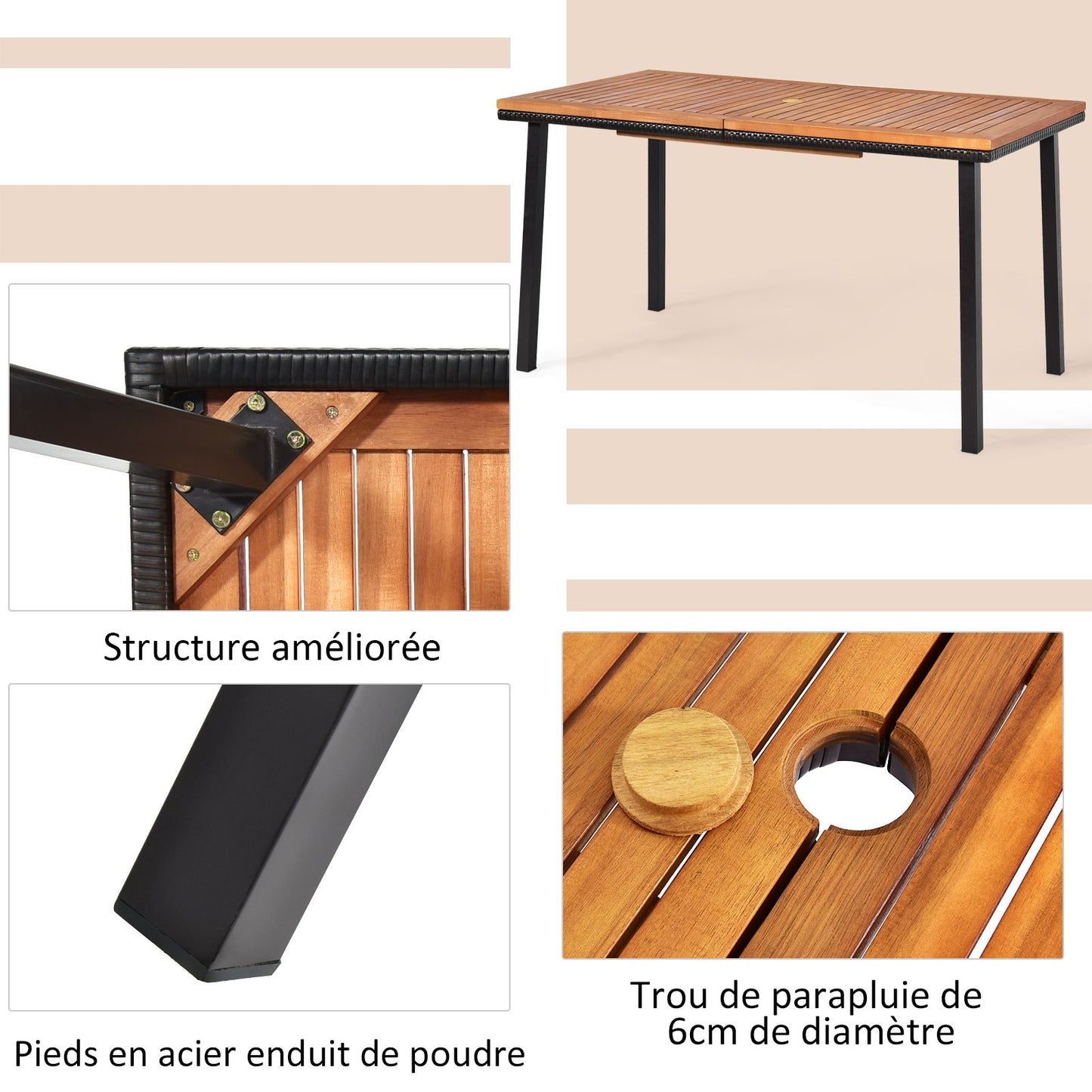 Table De Jardin Extérieur En Bois D'Acacia Avec Trou De Parasol Rectangulaire Cadre En Acier Pour 6-8 Personnes 140X75X76Cm