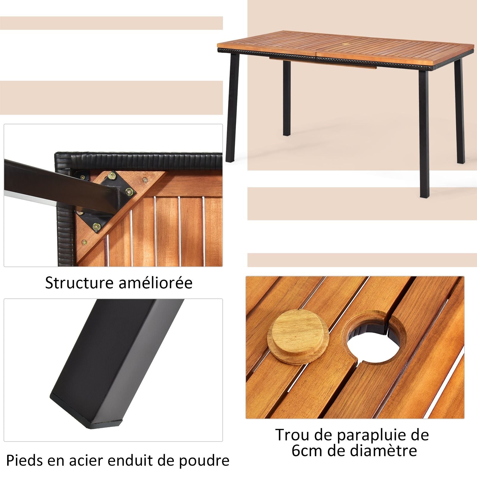 Table De Jardin Extérieur En Bois D'Acacia Avec Trou De Parasol Rectangulaire Cadre En Acier Pour 6-8 Personnes 140X75X76Cm