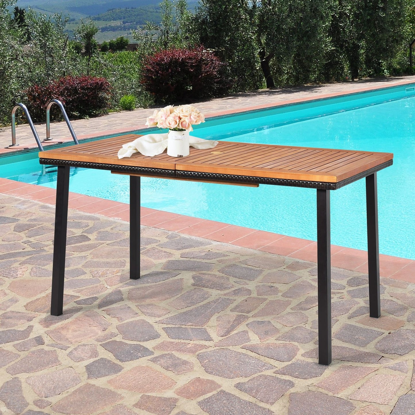 Table De Jardin Extérieur En Bois D'Acacia Avec Trou De Parasol Rectangulaire Cadre En Acier Pour 6-8 Personnes 140X75X76Cm