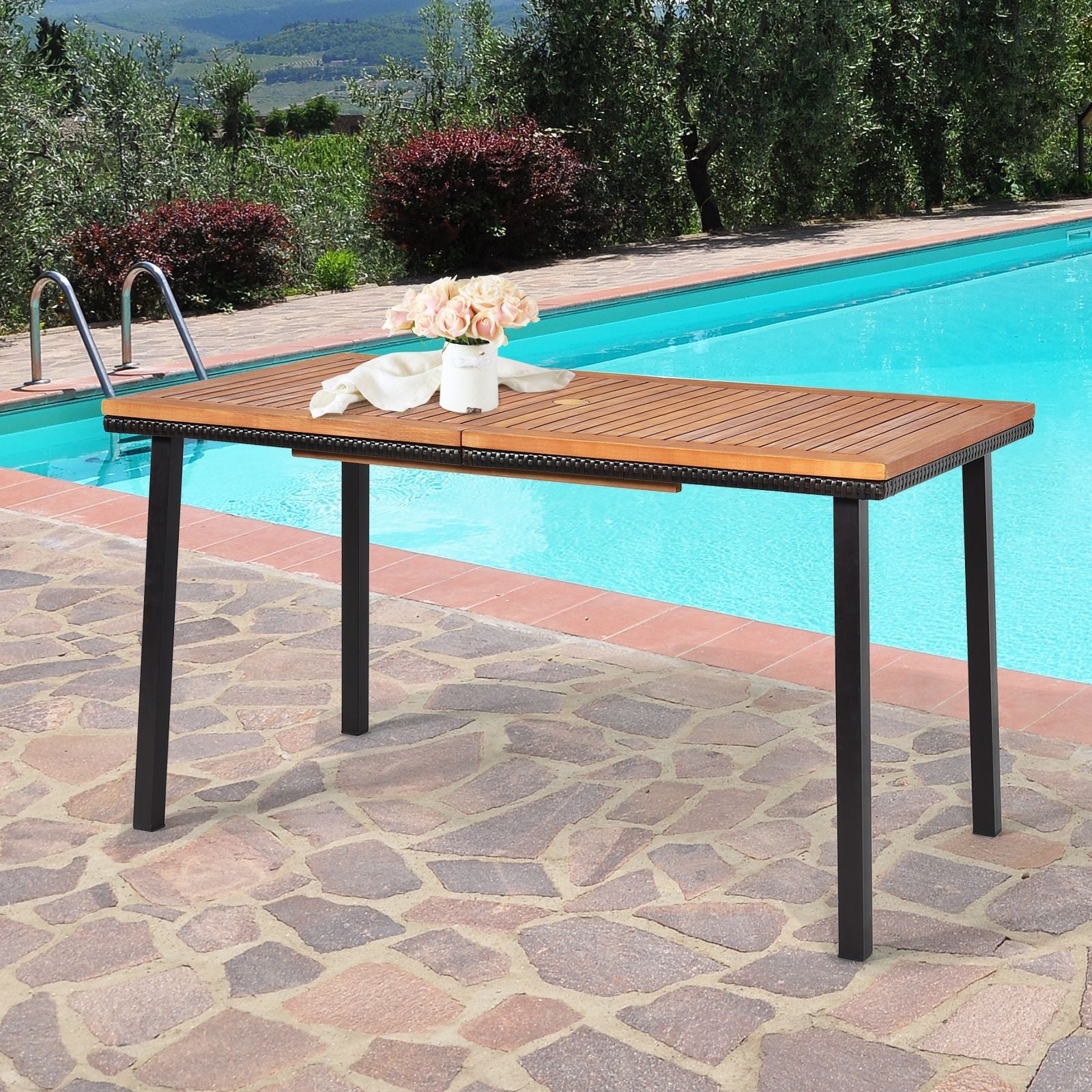 Table De Jardin Extérieur En Bois D'Acacia Avec Trou De Parasol Rectangulaire Cadre En Acier Pour 6-8 Personnes 140X75X76Cm
