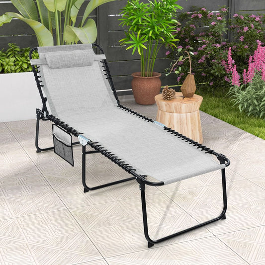 Chaise Longue Pliante Surdimensionnée Chaise Longue Portable Et Inclinable Avec Dossier Réglable Oreiller Amovible Poche Gris/Noir