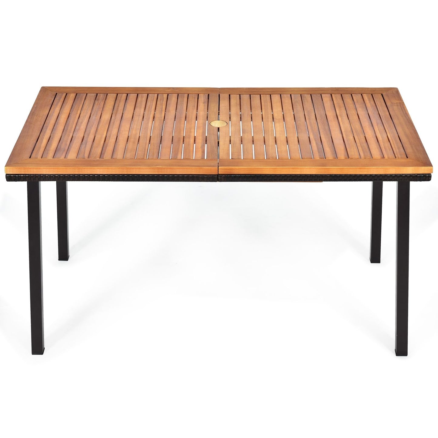 Table De Jardin Extérieur En Bois D'Acacia Avec Trou De Parasol Rectangulaire Cadre En Acier Pour 6-8 Personnes 140X75X76Cm