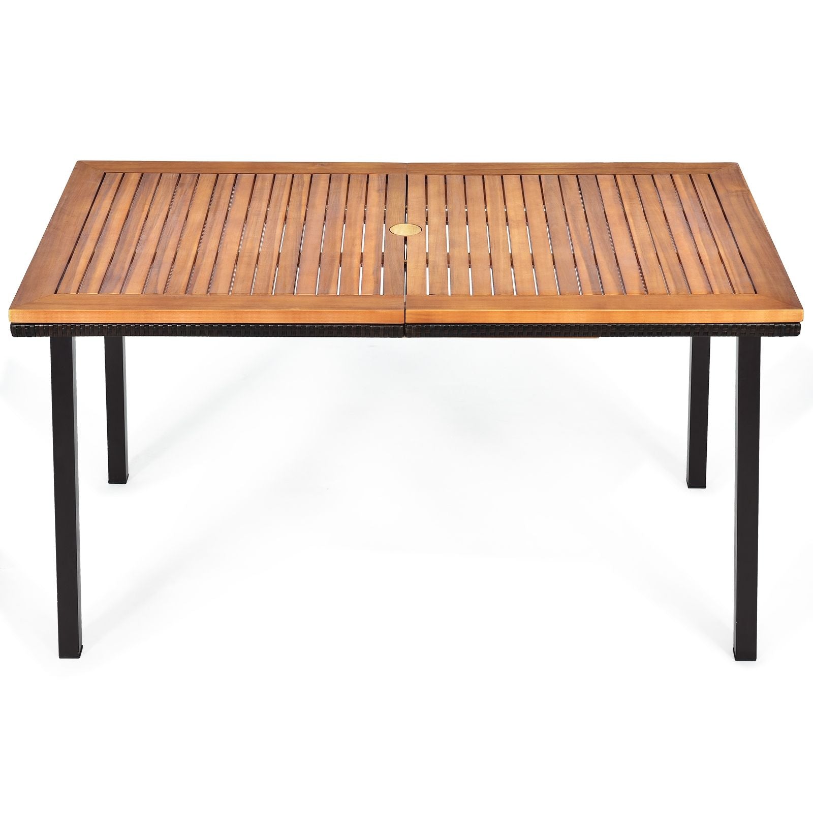 Table De Jardin Extérieur En Bois D'Acacia Avec Trou De Parasol Rectangulaire Cadre En Acier Pour 6-8 Personnes 140X75X76Cm