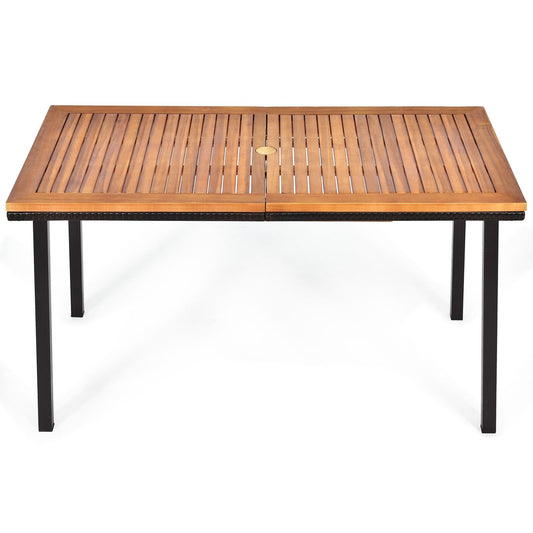 Table De Jardin Extérieur En Bois D'Acacia Avec Trou De Parasol Rectangulaire Cadre En Acier Pour 6-8 Personnes 140X75X76Cm