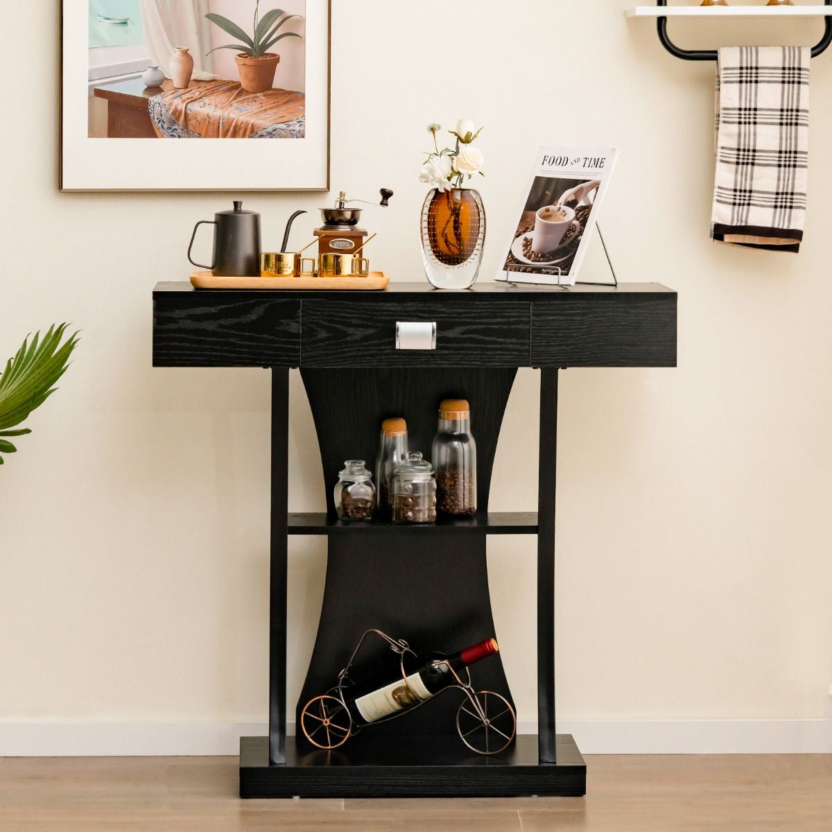 Table Console 3 Étagères Meuble D'Entrée L91 X P30 X H88 Style Scandinave Dispositif Anti-Renversement Brun Rustique/Noir/Gris