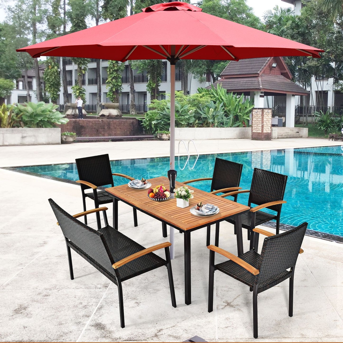Table De Jardin Extérieur En Bois D'Acacia Avec Trou De Parasol Rectangulaire Cadre En Acier Pour 6-8 Personnes 140X75X76Cm