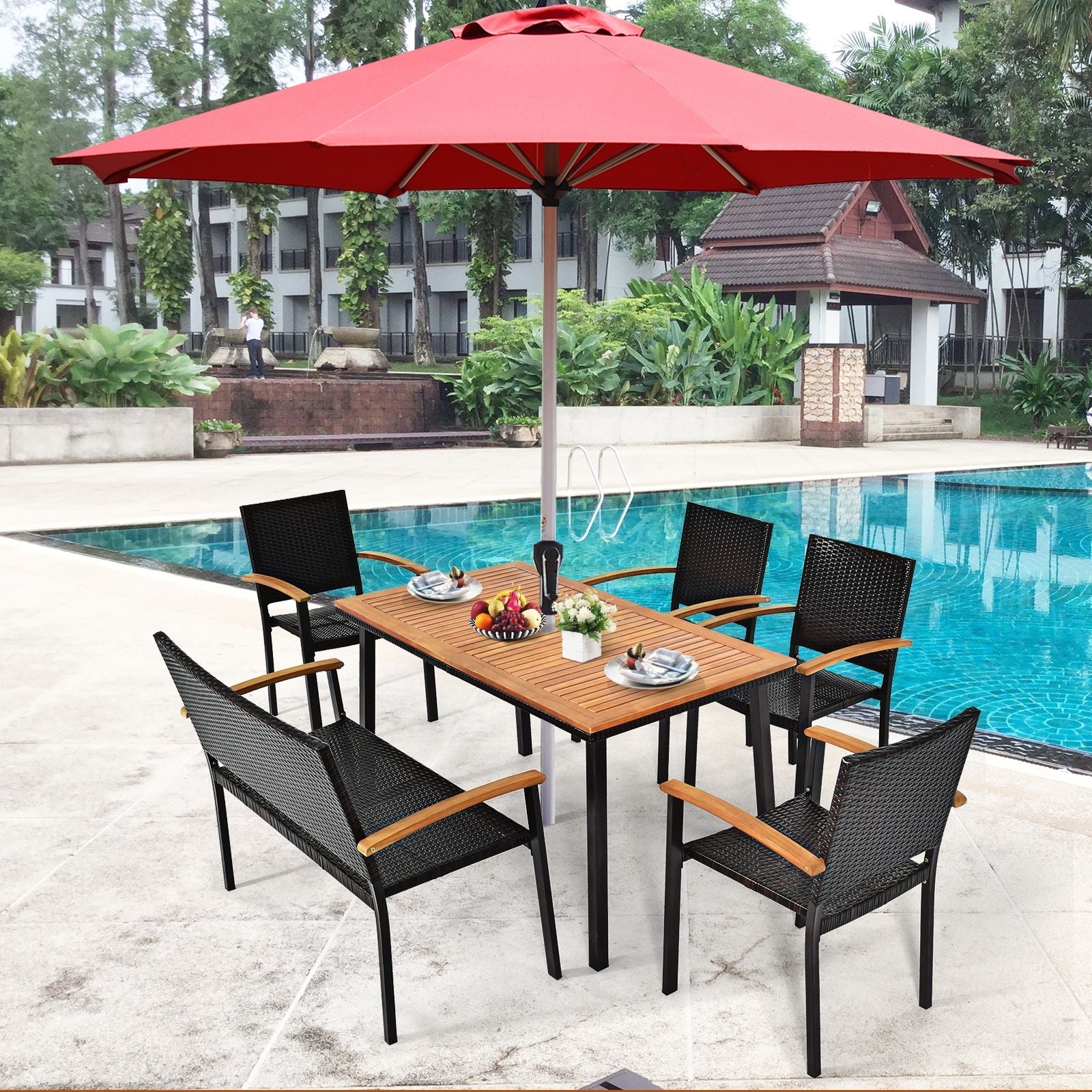 Table De Jardin Extérieur En Bois D'Acacia Avec Trou De Parasol Rectangulaire Cadre En Acier Pour 6-8 Personnes 140X75X76Cm