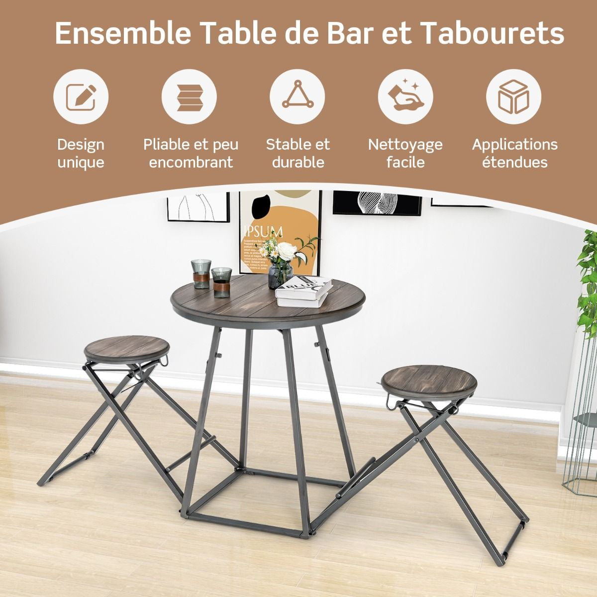 Table Haute Cuisine Avec Tabouret Table Bar Industrielle Pliable Mange Debout 2 Personnes Compact Pour Cuisine Salle À Manger Salon Bistro Gris