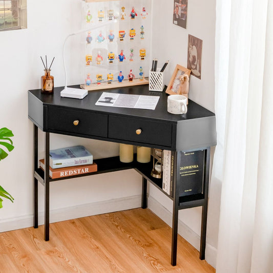 Table Bureau D'Angle Avec 2 Tiroirs Table Imformatique Pour Ordinateur Avec Etagère De Rangement Doré/Noir/Blanc