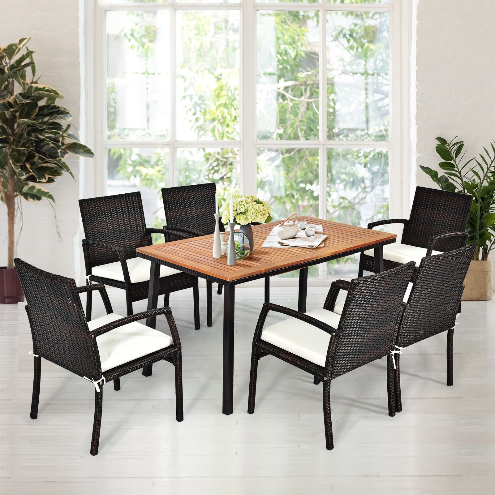 Table De Jardin Extérieur En Bois D'Acacia Avec Trou De Parasol Rectangulaire Cadre En Acier Pour 6-8 Personnes 140X75X76Cm