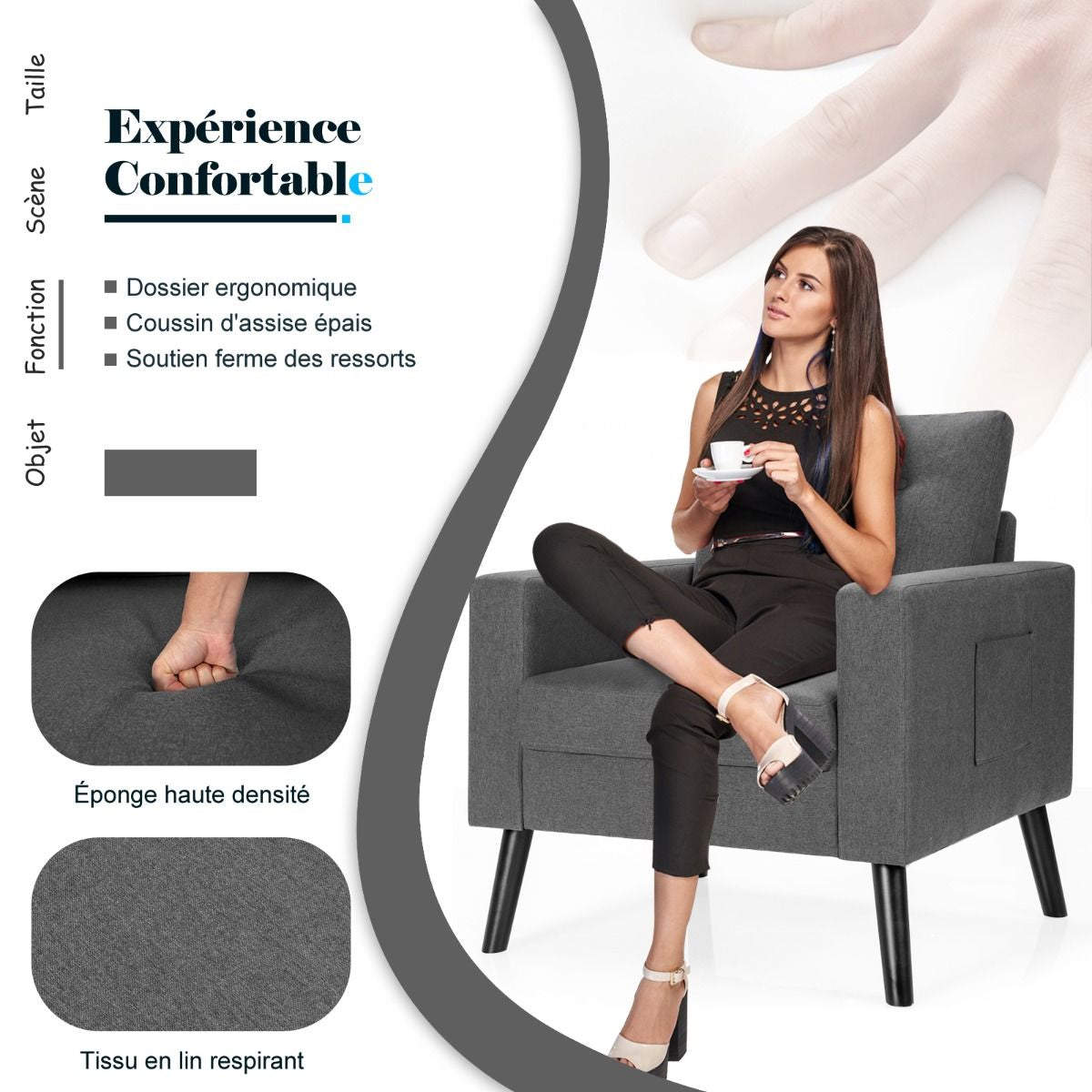 Fauteuil De Salon 1 Personne Avec Profondeur D'Assise 53Cm Canapé 1 Place Avec Pieds Bois D’Hévéa Pour Chambre Salon Bureau 81*67*86Cm Bleu/Beige/Gris