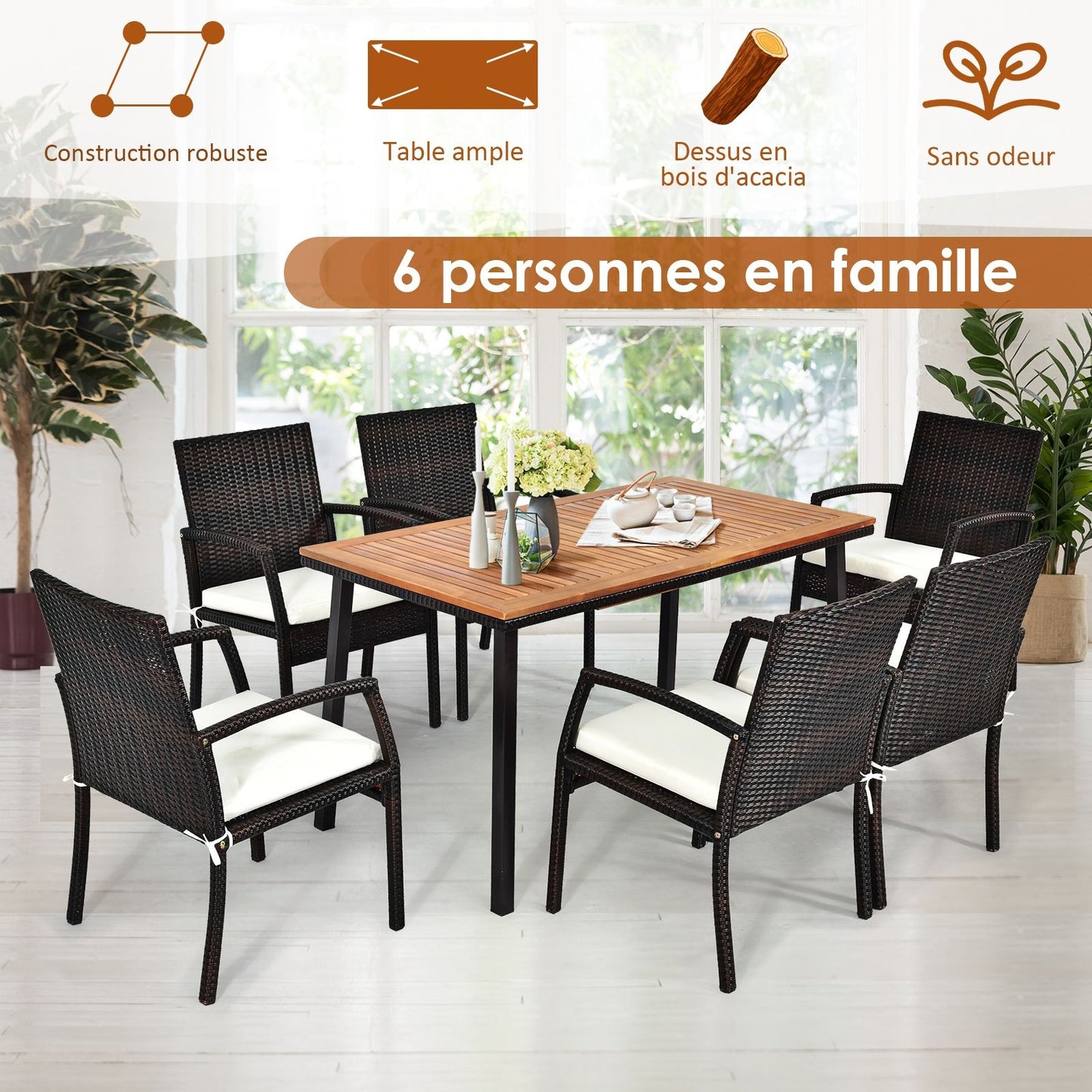 Table De Jardin Extérieur En Bois D'Acacia Avec Trou De Parasol Rectangulaire Cadre En Acier Pour 6-8 Personnes 140X75X76Cm