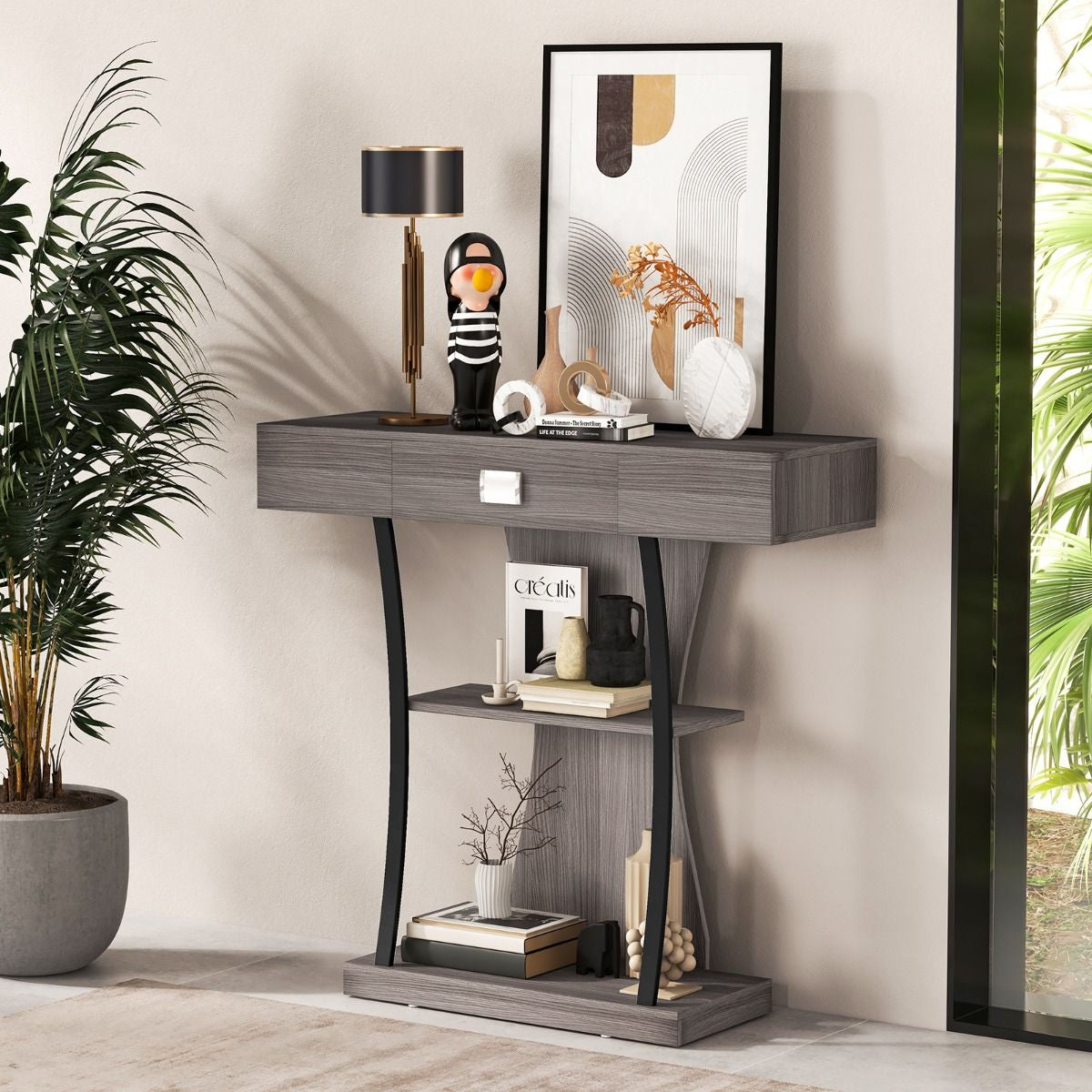 Table Console 3 Étagères Meuble D'Entrée L91 X P30 X H88 Style Scandinave Dispositif Anti-Renversement Brun Rustique/Noir/Gris